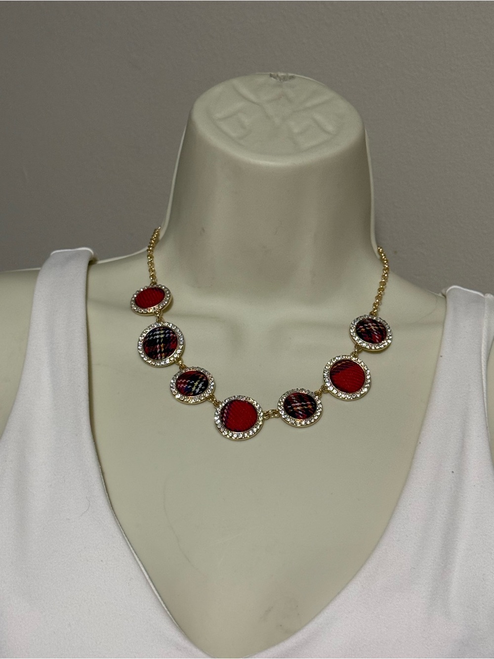 Monet Gold-Tone Necklace with Red and Black Patterned Discs